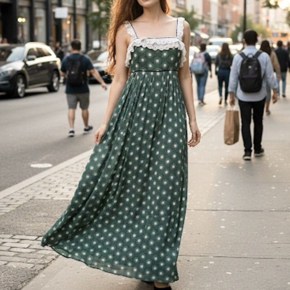 Vtg Juicy Couture Maxi Dress Size 8 Green Ruffled Peasant Milkmaid Cottage Fairy